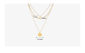 Detailed view of triple-layered 18K gold-plated necklace with chain dimensions shown