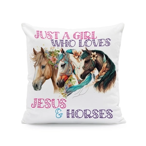 Detail of linen pillowcase with horse illustration and Just A Girl Who Loves Jesus text