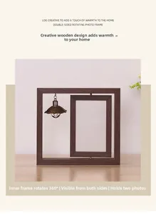 Rotating double-sided wooden photo frame with a 360-degree swivel inner frame and decor