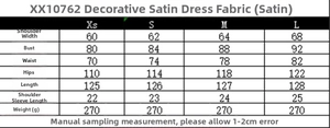 Size chart for women's knotted satin dress detailing shoulder, bust, waist, and length measurements