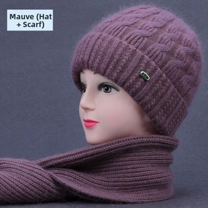 Bean paste color knit beanie and scarf set with thick textured wool for elderly women