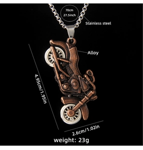 Detail view of bronze vintage motorcycle pendant with dimensions and stainless steel chain