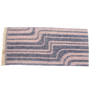 Close-up of pink and blue wave striped scarf with soft knit texture and fringe edge