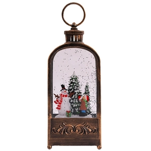 Vintage bronze Christmas lantern with snowman and snow scene for festive holiday decor