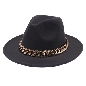 Classic black wool fedora hat featuring a stylish chunky gold acrylic chain band