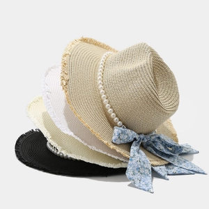 Women Straw Sun Hat Boater Flat Top Paper Woven Beach Cap With Floral Bow Ribbon And Artificial Pearl Chain Frayed Brim Elegant