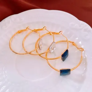 24k gold plated round hoop earrings with blue and clear crystal geometric charms