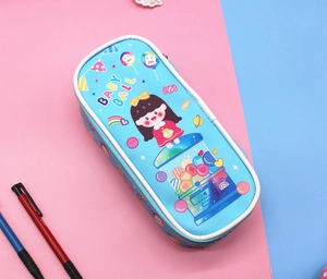 Detail view of a blue student pencil case with a cute cartoon girl and Baby Ball print