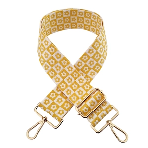Tracolla jacquard 5cm per borse con motivo a scacchi gialli e fiori e ganci oro