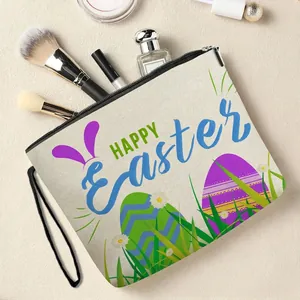Canvas Easter cosmetic bag with Happy Easter bunny print and black zipper wristlet