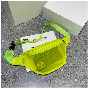 Detail of neon green transparent PVC waist bag with nylon strap and metal zipper