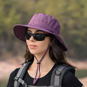 Deep purple quick-dry outdoor sun hat with wide brim and adjustable windproof rope