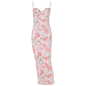 Slim fit pink floral bodycon maxi dress with bustier neckline and delicate lace trim