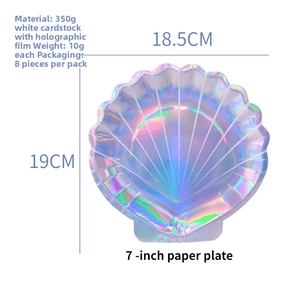Detail of 7-inch laser iridescent shell-shaped paper plate made of 350g white card