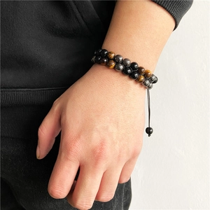 Men's double-layer tiger eye and black bead handmade woven bracelet with adjustable cord