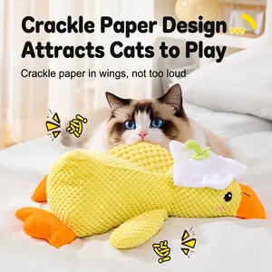 Yellow duck plush cat toy with crinkle paper and catnip for interactive pet play