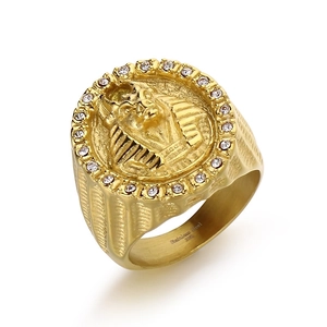 Vintage Egyptian Pharaoh ring in 316L stainless steel with white zircon stones