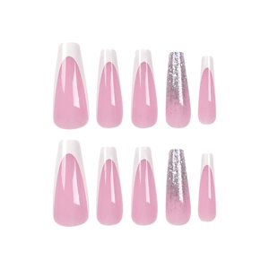 Unghie finte a ballerina rosa con french bianco e glitter argento lucido set da 10
