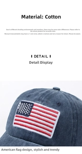 Detailed view of American flag embroidery on navy blue washed cotton baseball cap