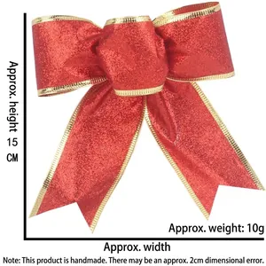 Red glitter Christmas bow with gold trim 15x15cm holiday tree decoration ornament