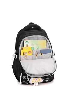 Detail of multi-pocket front compartment showing organized storage for books and pens