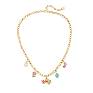 Golden stainless steel chain necklace with happy rainbow and colorful flower charms