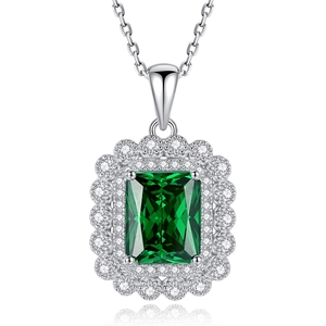S925 sterling silver necklace featuring an emerald cut green gemstone pendant with halos