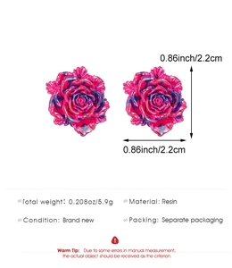 Detailed view of pink resin rose stud earrings with purple spots and size dimensions