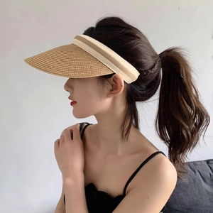 Women's khaki straw open top sun hat for summer beach protection with elastic band