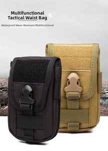 Detail of waterproof tactical camouflage waist bags in black and khaki with MOLLE straps