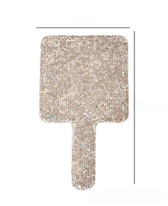 Detail of square handheld makeup mirror with 95mm by 165mm rhinestones dimensions