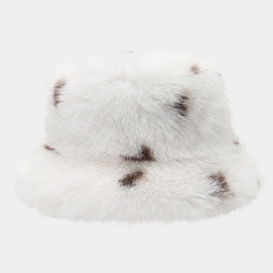 Chic white faux fur bucket hat with coffee spots, plush thick winter warmth for women