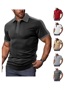 Detail view of the contrast color blocking on the collar and cuffs of this men's polo shirt