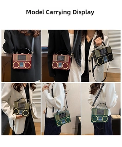 Detail showing vintage radio-style acrylic handbags in burgundy, black, and green colors