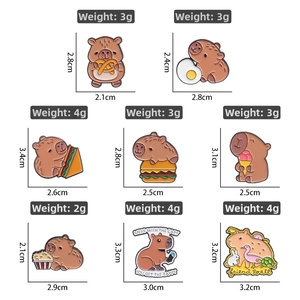 Detailed size chart of cute enamel capybara badges in various food shapes and weight details
