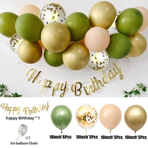 Detail view of olive green and gold balloon garland kit with sizes and accessories