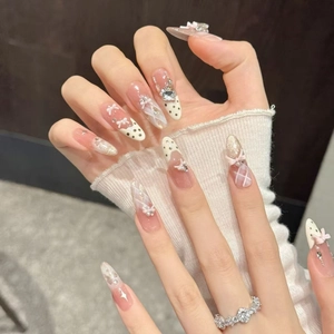 Uñas postizas estilo ballet con lazos 3D, lunares blancos y brillantes diamantes de imitación
