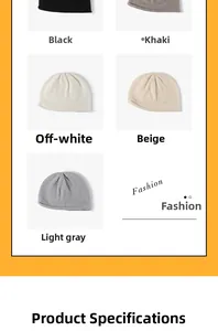 Flat lay display of knit beanies in black, khaki, cream, and grey for autumn and winter
