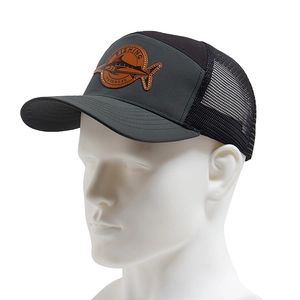 Mesh back trucker hat with curved brim and brown leather shark badge for outdoor fishing