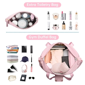 Pink gym duffel bag set with matching toiletry bag for organized fitness travel gear
