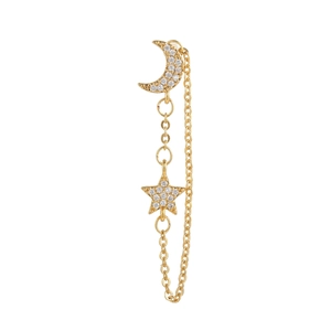 Boucles d'oreilles lune et étoile en or 18 carats avec longue chaîne et zircons brillants
