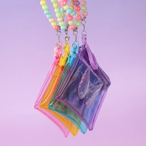 Transparent butterfly glitter wallets with colorful beaded wristlets in four colors