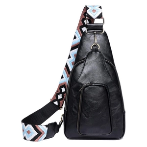 Vintage black PU leather chest bag with a colorful geometric jacquard shoulder strap