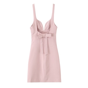 Pink sleeveless mini dress with a large decorative bow on the back and slim straps