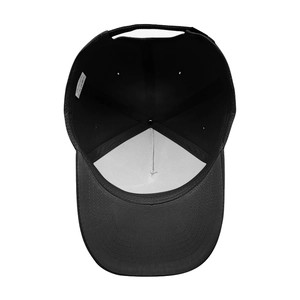 Interior view of black baseball cap showing white front lining and fabric care label
