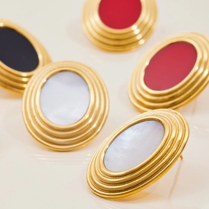18K gold plated stainless steel oval earrings with colorful enamel inlay on reflective base