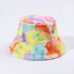 Detailed texture of rainbow tie-dye faux fur on a warm winter bucket hat for women
