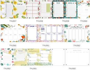 Catalog of magnetic acrylic planners featuring floral, tropical, and animal designs