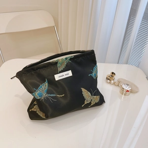 Butterfly Embroidery Makeup Bag Jacquard Fabric Clutch Retro Chinese Style Cosmetic Organizer Zipper Handbag For Women