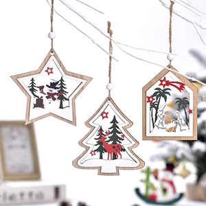 Wooden Christmas Hanging Ornaments Hollow Out Carved Snowman Reindeer Nativity Scene Holiday Party Tree Decoration